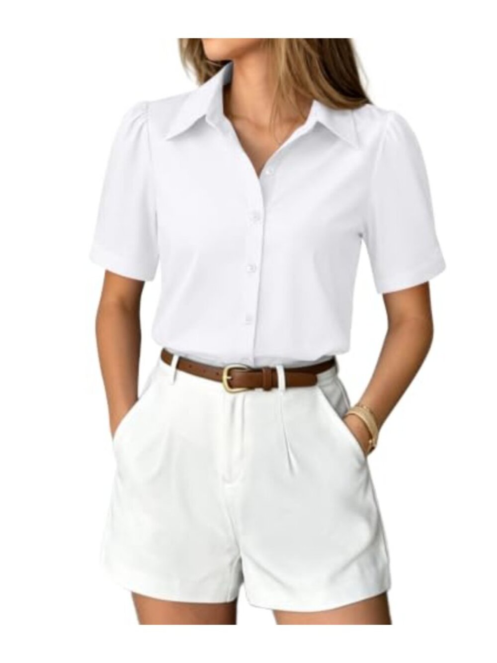 Gleeivy Button Down Shirt Puff Short Sleeve Fitted Blouse Work Top